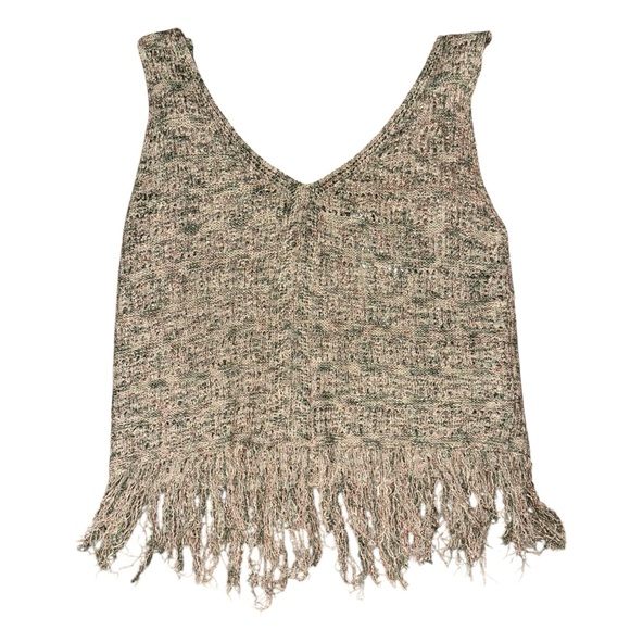 Love Knits NYC Boho Fringe Knit Tank Top Beige Sage Green V-Neck (NWT) - Picture 8 of 9